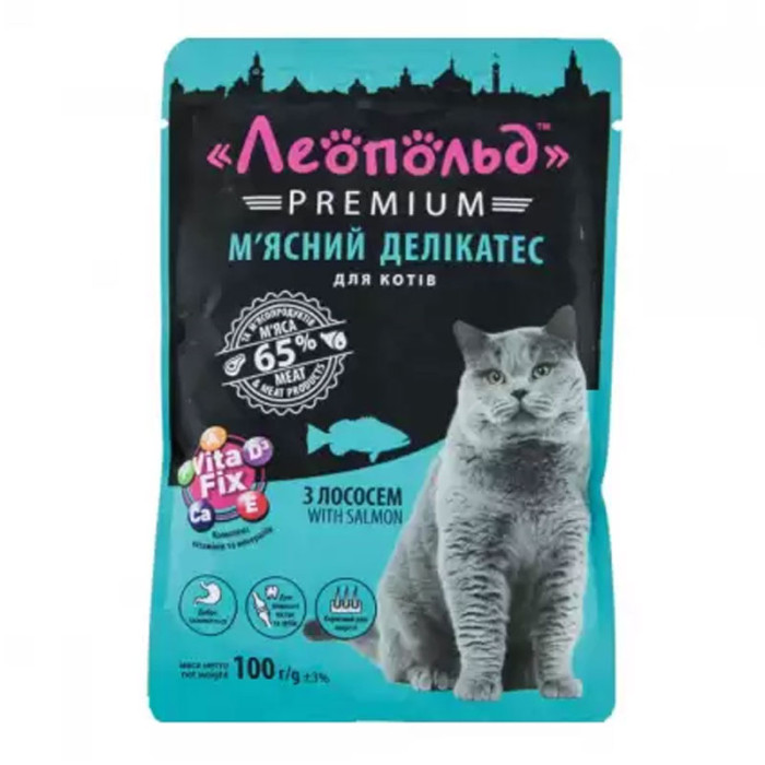 Леопольд premium Мясний делікатес з лососем для кішок 100гр 492324