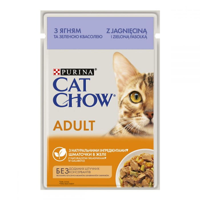 АКЦІЯ CAT CHOW Adult ніжні шматочки в желе з ягнятком та зеленою квасолею вологий корм для кішок 85 г