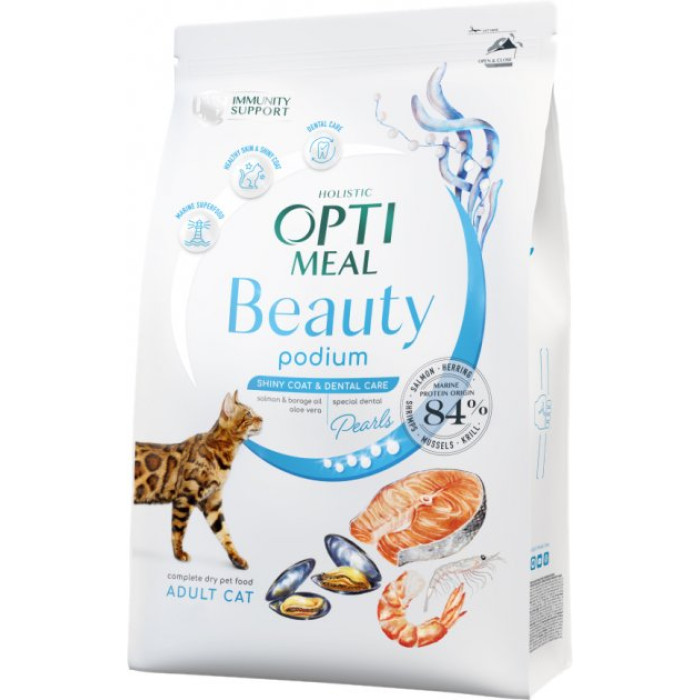 Optimal Beauty Podium блискуча шерсть і догляд за зубами для кішок 4,0 кг + 4,0 кг Акція Optimeal Beauty Podium Блестящая шерсть и уход за зубами для кошек 4,0кг+4,0кг Акция