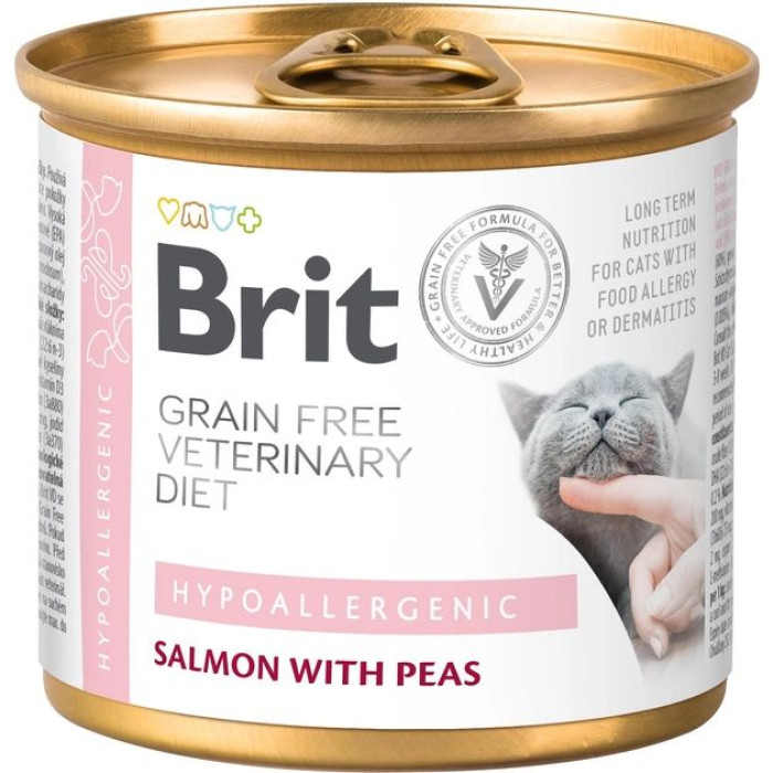 Brit VetDiets Вологий корм консервований для кішок з харчовою алергією та непереносимістю з лососем та горохом 200 г