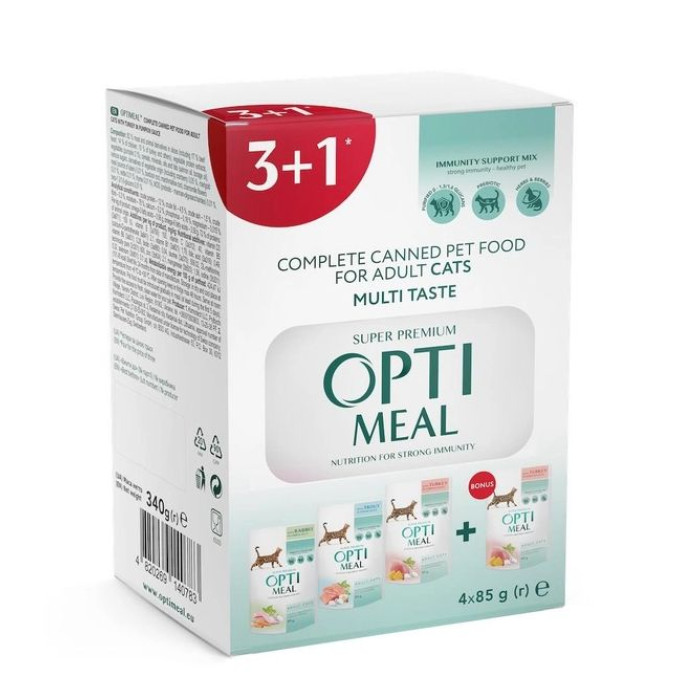 АКЦІЯ Optimeal Adult Cats Multi Taste набір 3+1 Вологий корм для котів з різними смаками 340 г