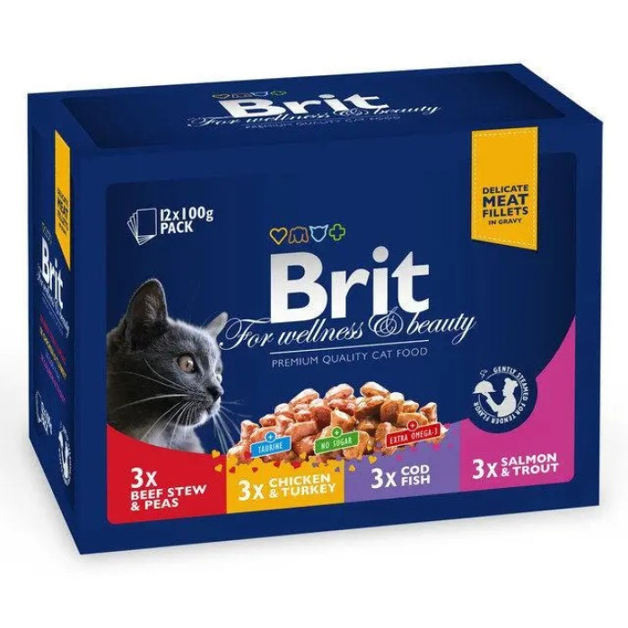 Brit Premium Cat мясна тарілка асорті набір павучів 4 смаки для котів по 100 г, 12 шт