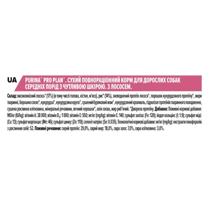 PRO PLAN Adult Medium Sensitive Skin Сухий корм для дорослих собак схильних до алергії з лососем 9064