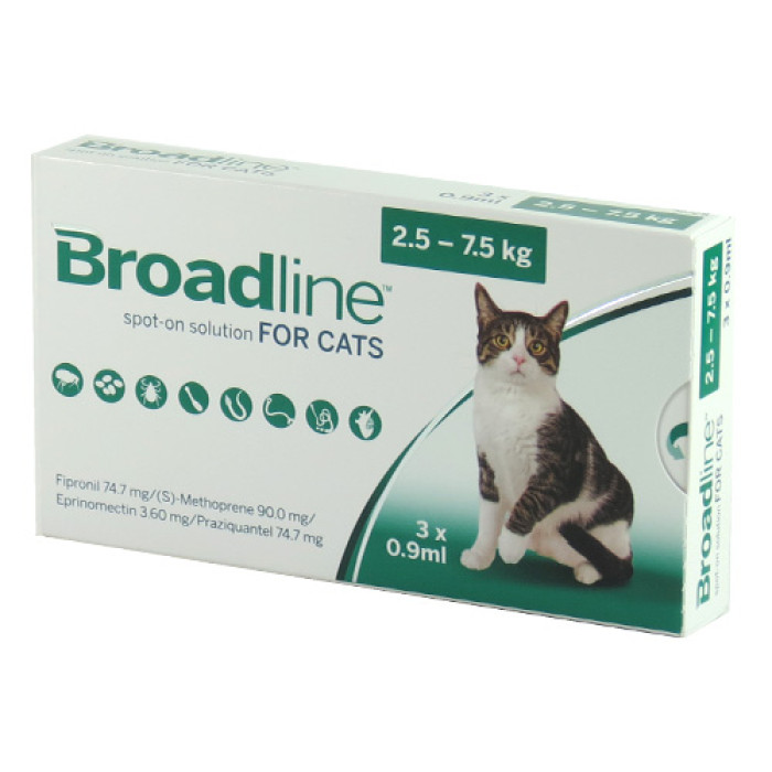 Бродлайн (Broadline) краплі на холку від бліх, кліщів і гельмінтів для кішок 2,5-7,5 кг 3 піпетки